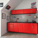 Custom Garage Cabinets Red and Pegboard with Wall Art