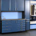 Custom Garage Cabinets Blue and Black with Slatwall Storage