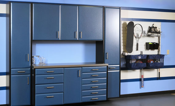 Custom Garage Cabinets Blue with Slatwall Storage
